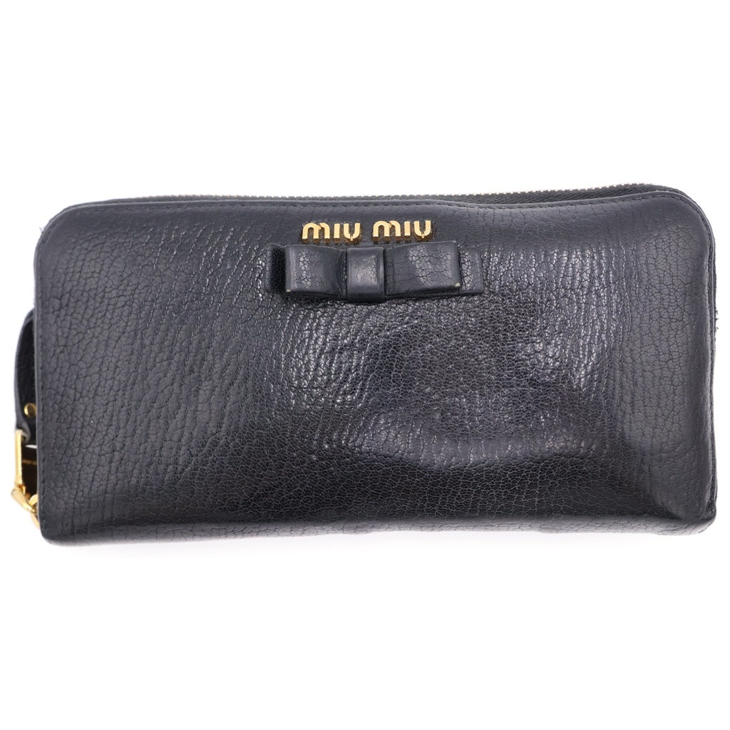miumiu(ミュウミュウ) リボンモチーフ レザー長財布 ウォレット ブラック レディース