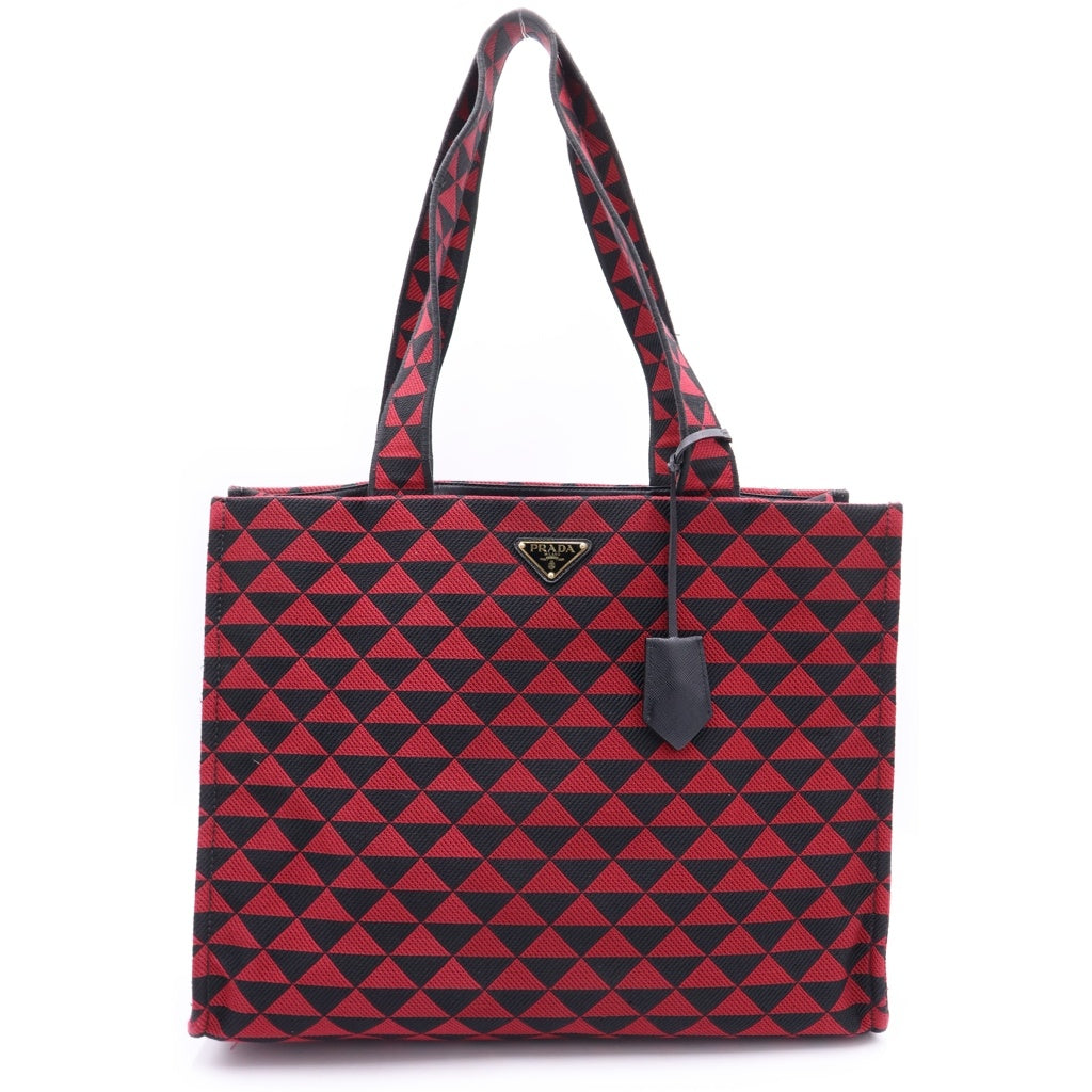 PRADA(プラダ) トライアングルロゴプレート キャンバストートバッグ レッド/ブラック レディース