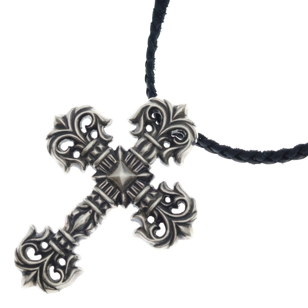 CHROME HEARTS(クロムハーツ) FILIG/CROSS S LB フィリグリークロス スモール レザーブレイドネックレス シルバー