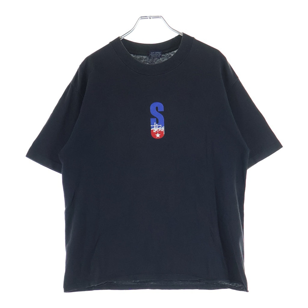 STUSSY(ステューシー) 90S OLD STTUSY USA製 紺タグ フロントロゴプリントクルーネック半袖カットソーTシャツ ブラック