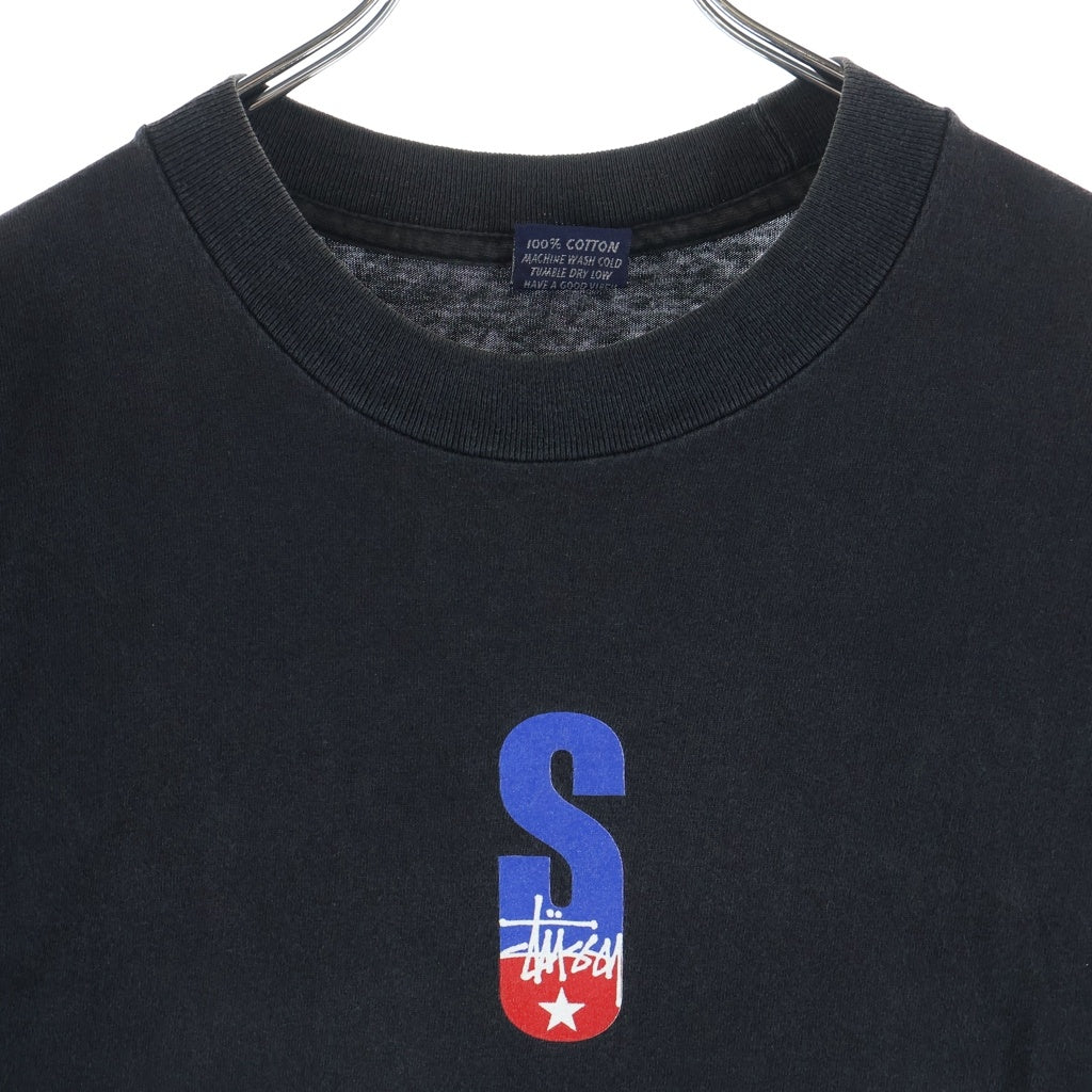 STUSSY(ステューシー) 90S OLD STTUSY USA製 紺タグ フロントロゴプリントクルーネック半袖カットソーTシャツ ブラック