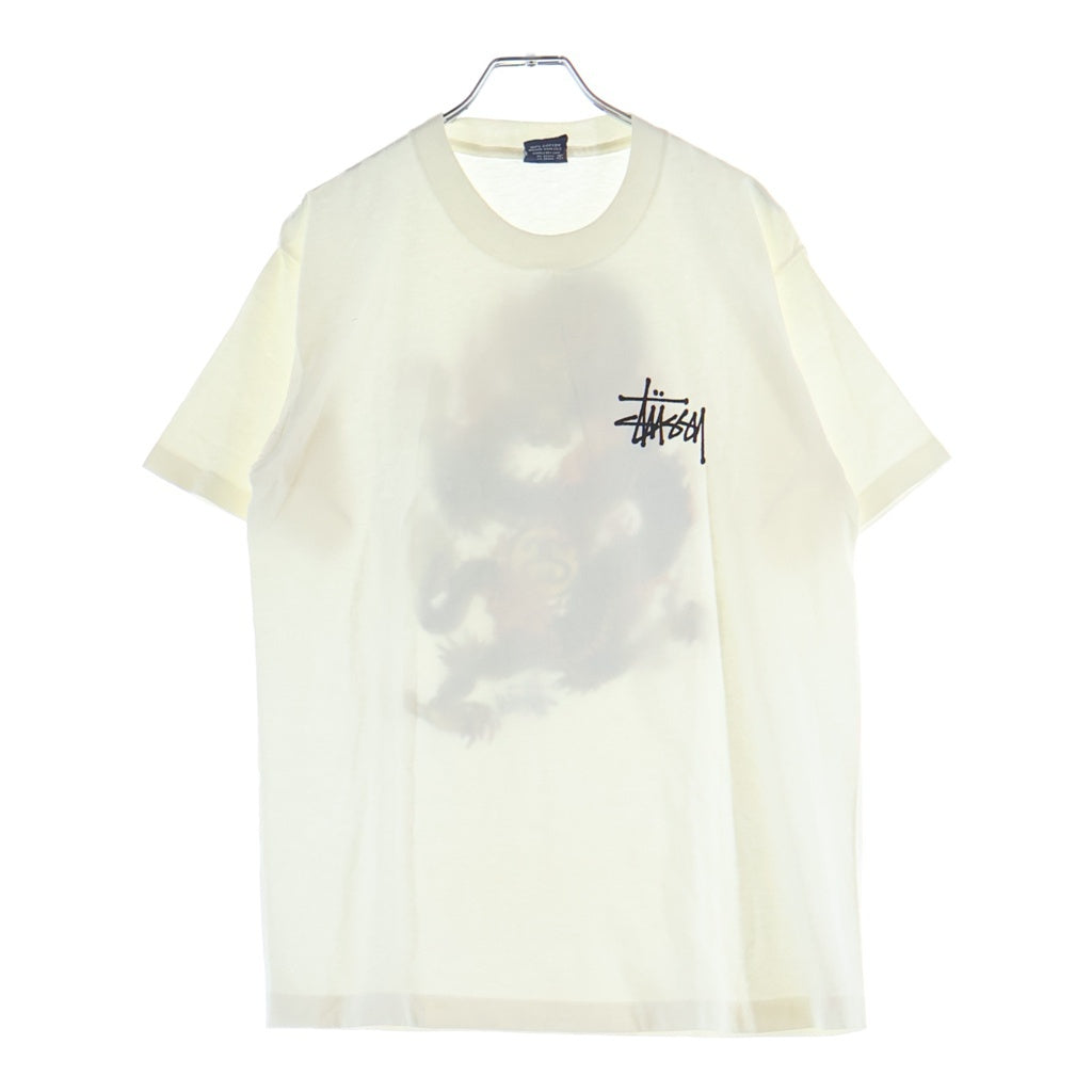 STUSSY(ステューシー) 90S OLD STTUSY USA製 紺タグ バックドラゴンプリントクルーネック半袖カットソーTシャツ ホワイト
