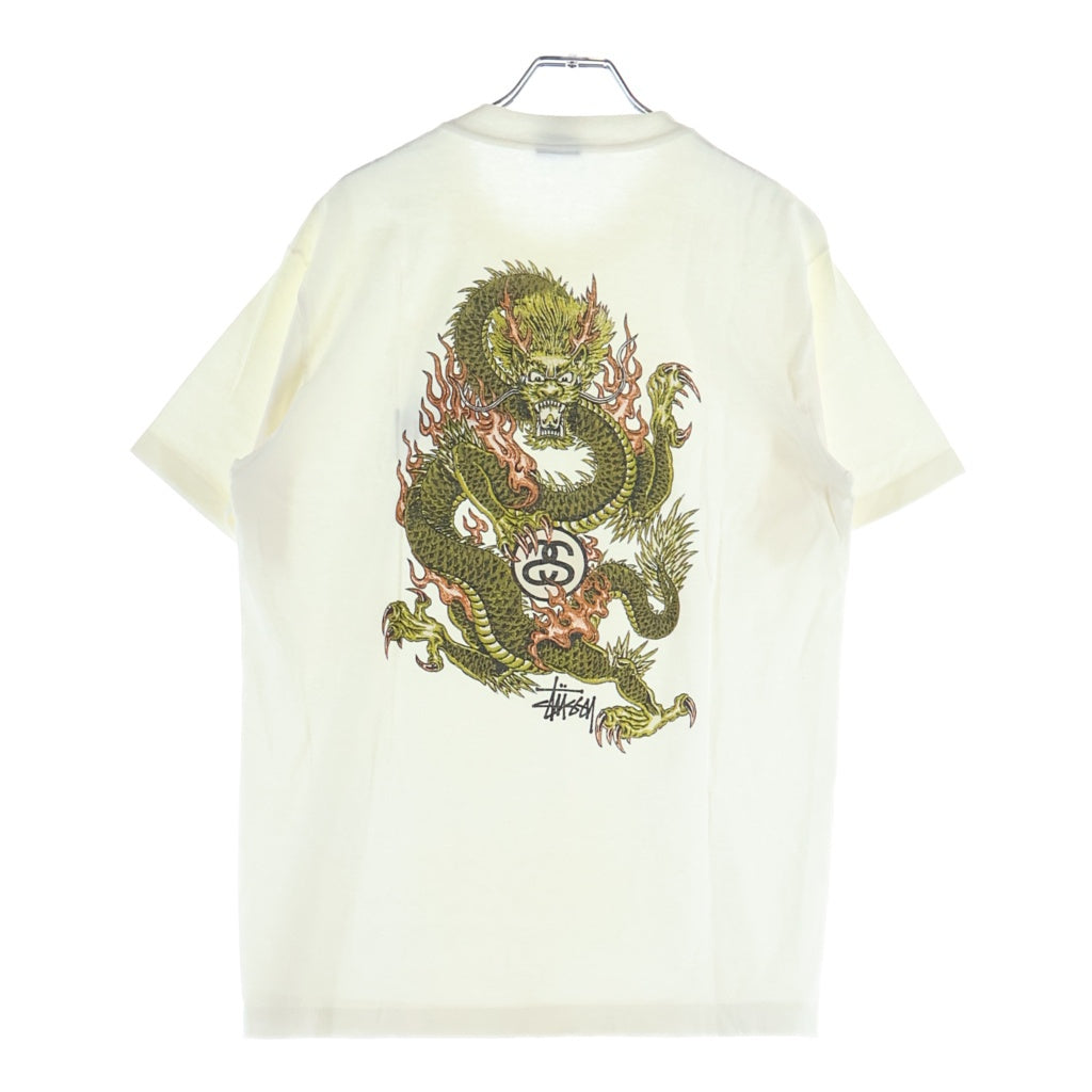 STUSSY(ステューシー) 90S OLD STTUSY USA製 紺タグ バックドラゴンプリントクルーネック半袖カットソーTシャツ ホワイト