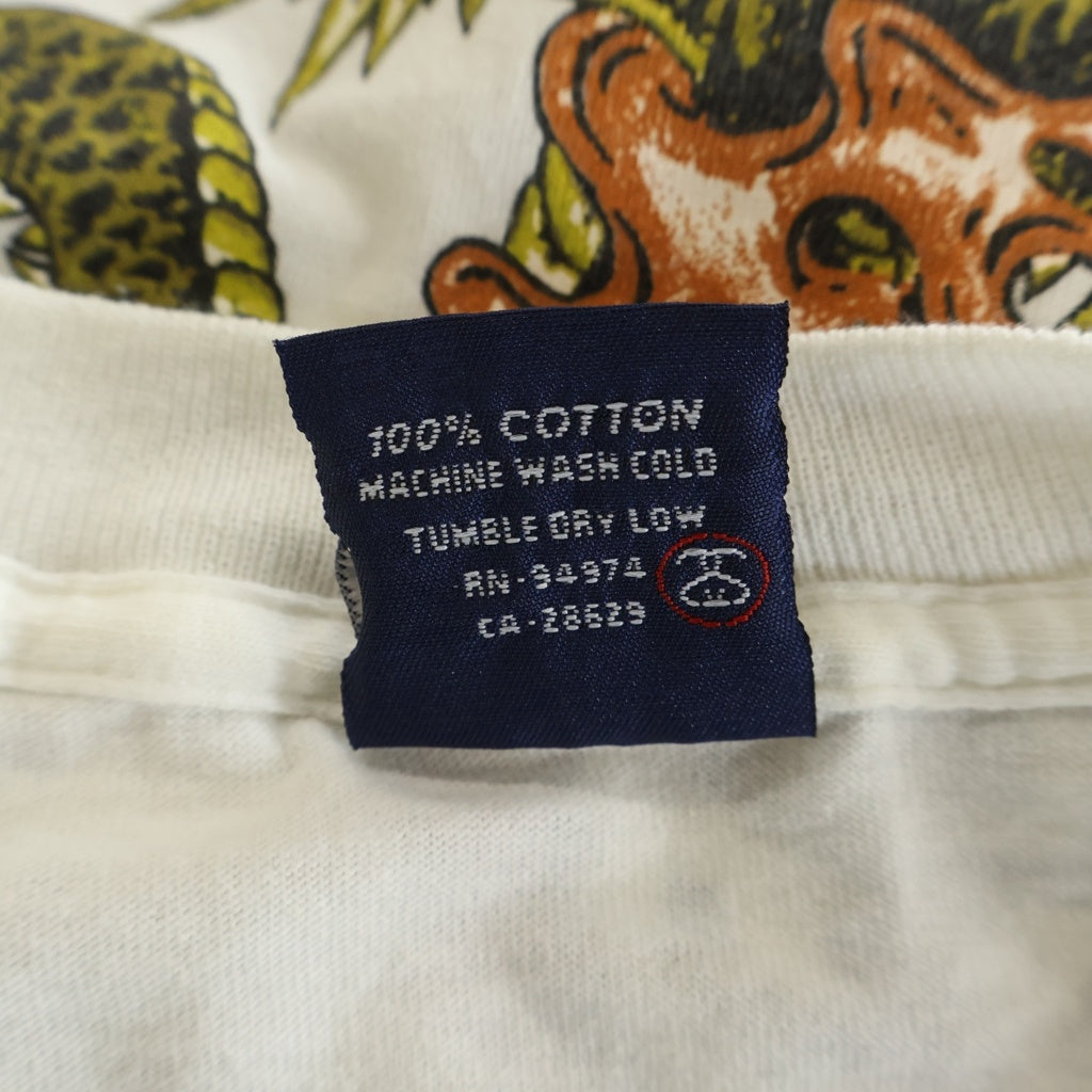 STUSSY(ステューシー) 90S OLD STTUSY USA製 紺タグ バックドラゴンプリントクルーネック半袖カットソーTシャツ ホワイト