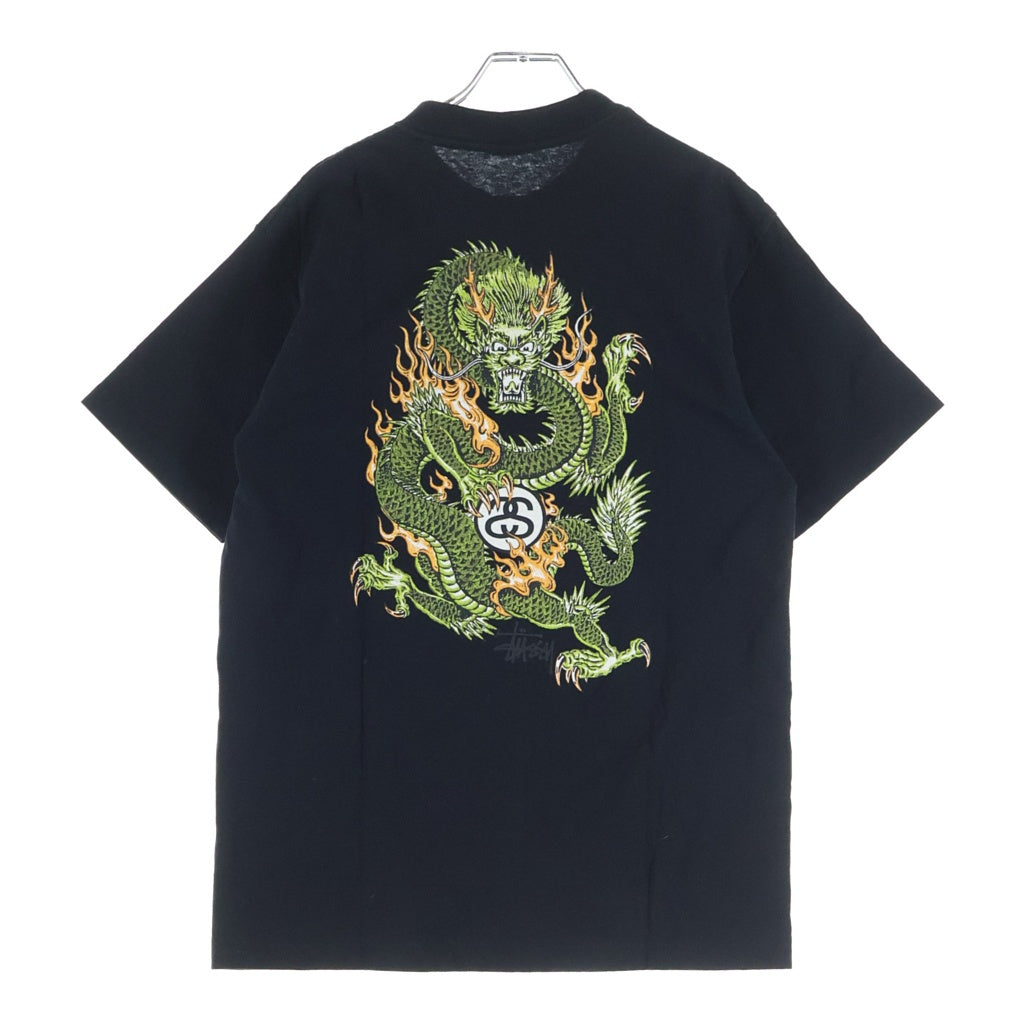 STUSSY(ステューシー) 90S OLD STUSSY USA製 紺タグ バックドラゴンプリントクルーネック半袖カットソーTシャツ ブラック