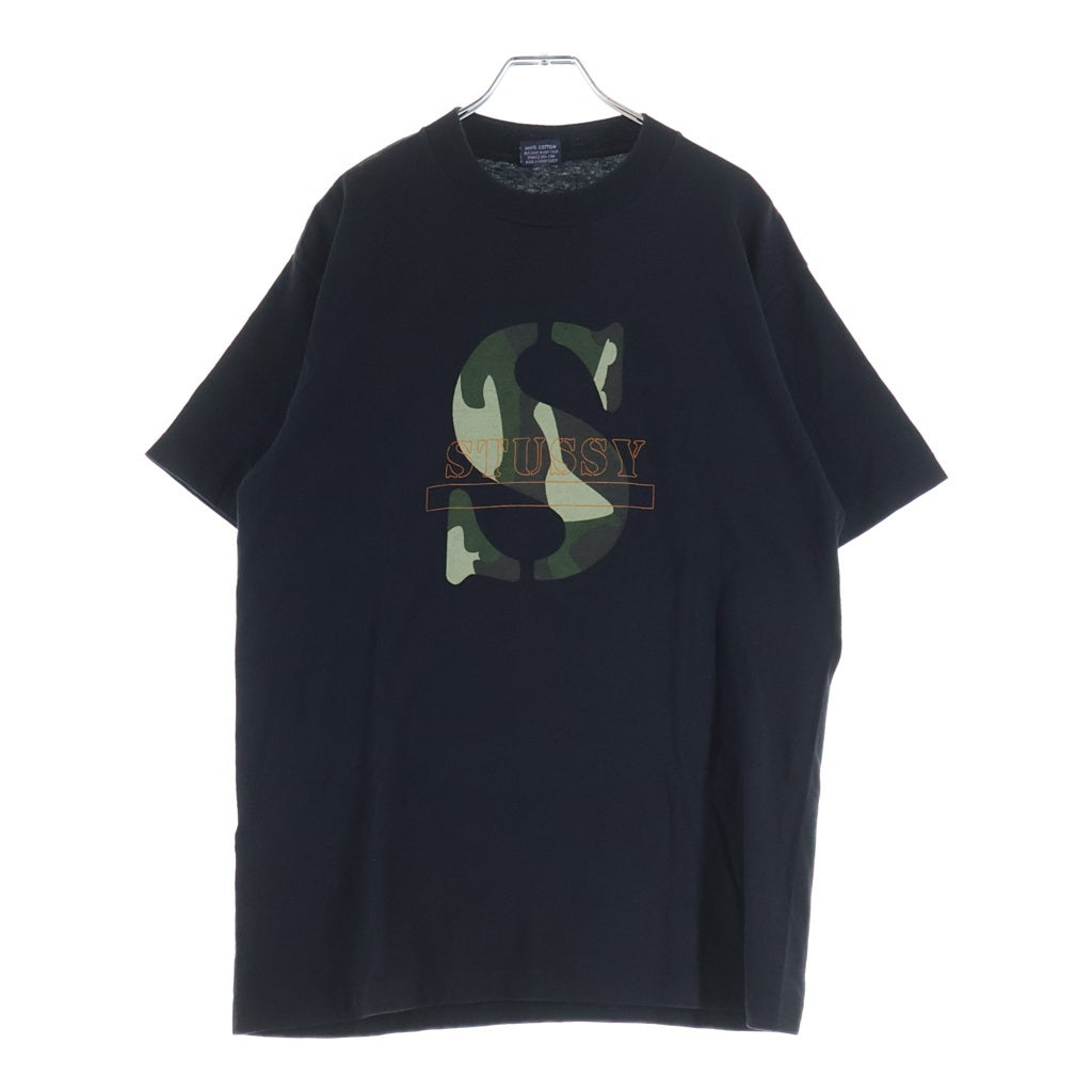STUSSY(ステューシー) 90S OLD STTUSY USA製 紺タグ フロント迷彩ロゴプリントクルーネック半袖カットソーTシャツ ブラック