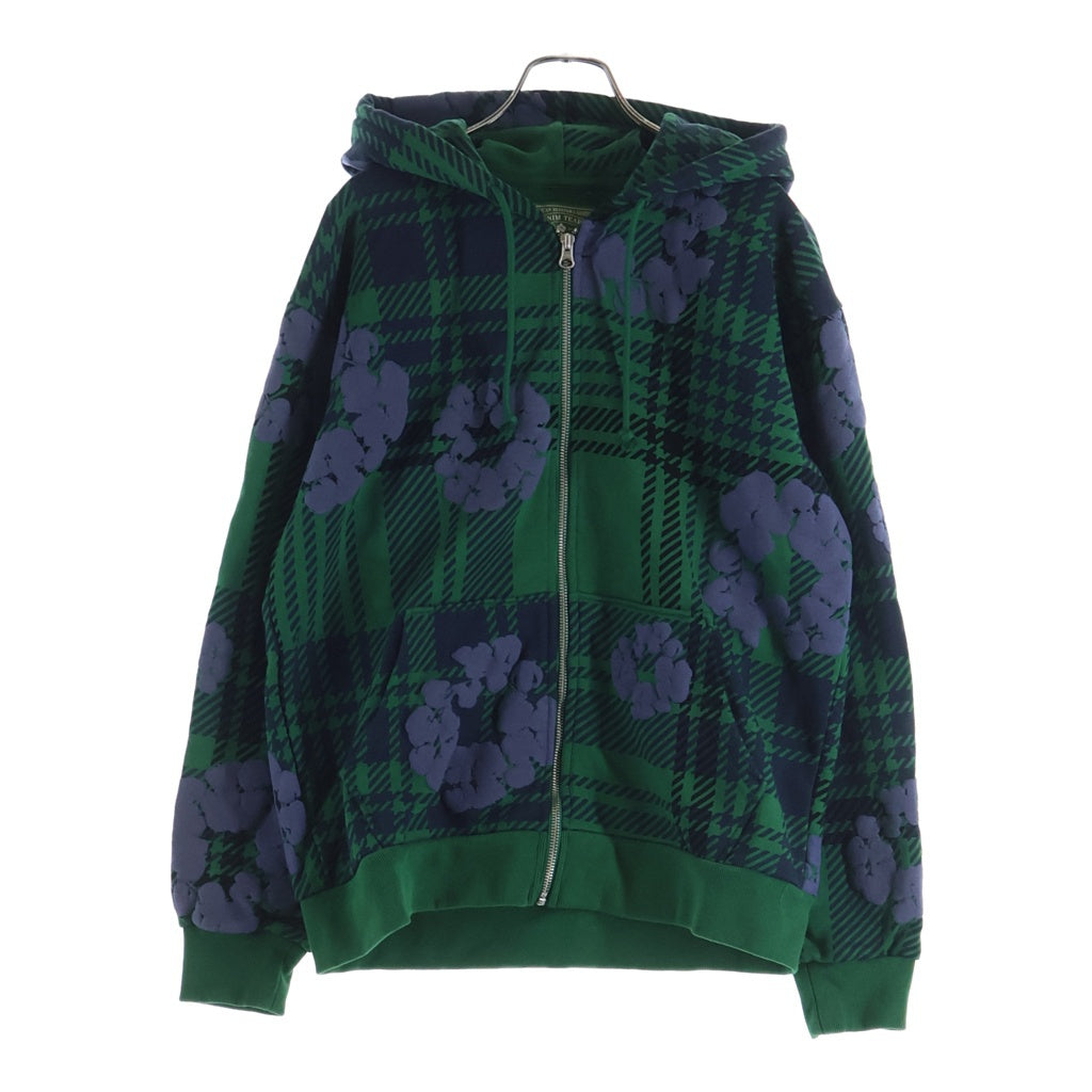 DENIM TEARS(デニムティアーズ) PLAID COTTON WREATH ZIP フラワー総柄 ジップアップチェックパーカー グリーン