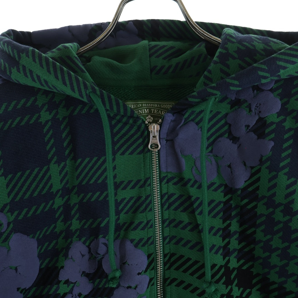 DENIM TEARS(デニムティアーズ) PLAID COTTON WREATH ZIP フラワー総柄 ジップアップチェックパーカー グリーン