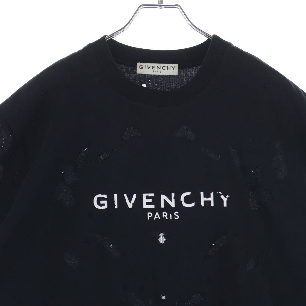 GIVENCHY(ジバンシィ) OVERSIZE FIT デストロイ フロントロゴ オーバーサイズクルーネック半袖カットソーTシャツ ブラック BM70RV3Y41