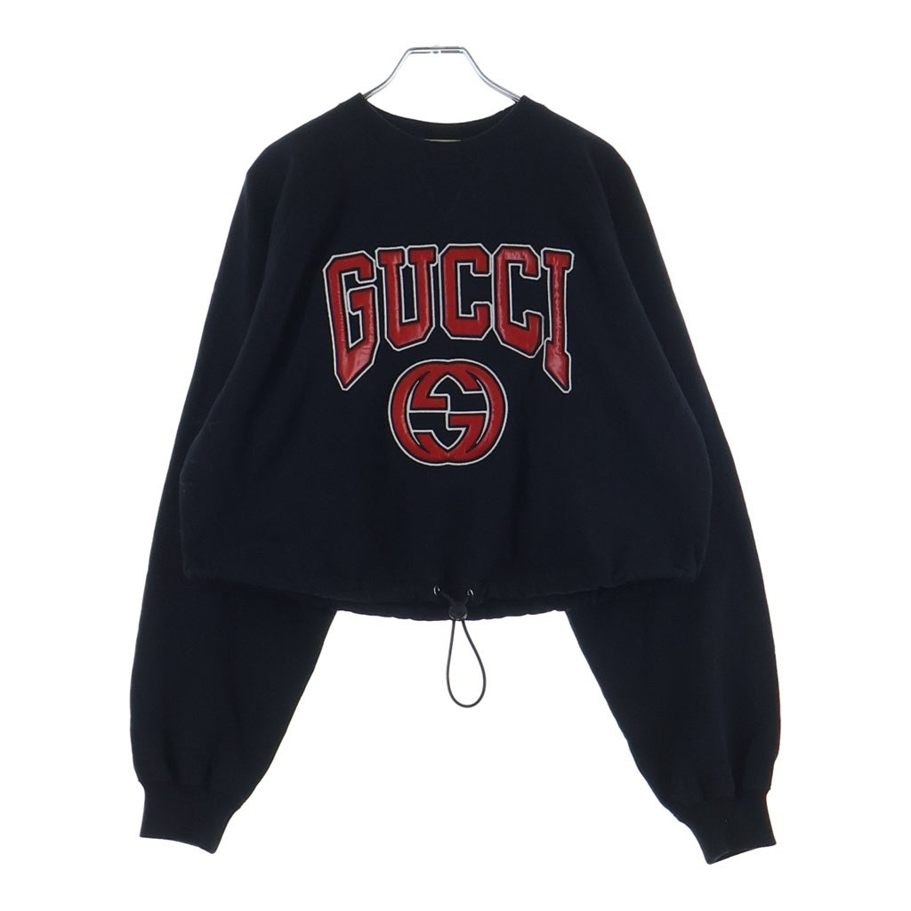 GUCCI(グッチ) インターロッキングG ロゴ刺繍 ドローストリング クルーネック クロップド ショート プルオーバースウェット トレーナー ブラック レディース 760366