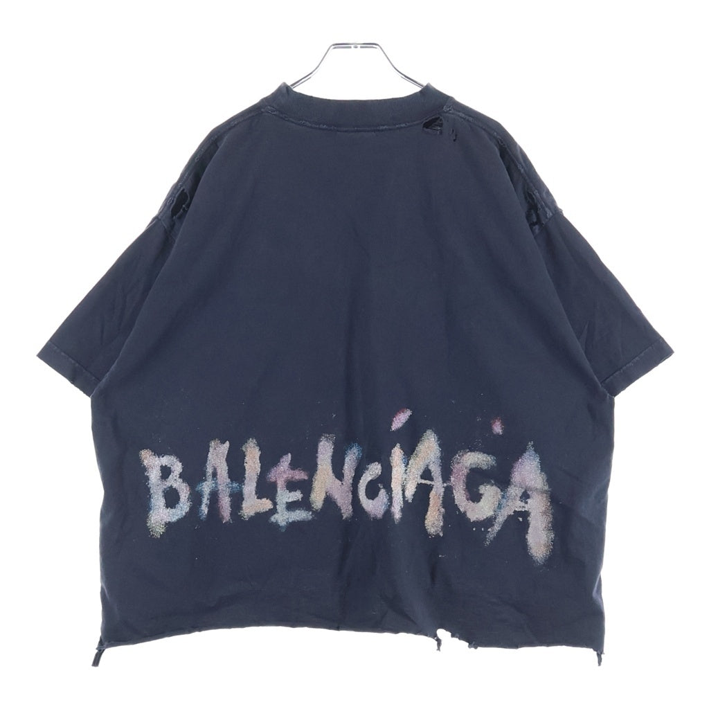 BALENCIAGA(バレンシアガ) 24SS ダメージ加工 ラメロゴ クロップドクルーネック半袖カットソーTシャツ ブラック 783399 TSVD5