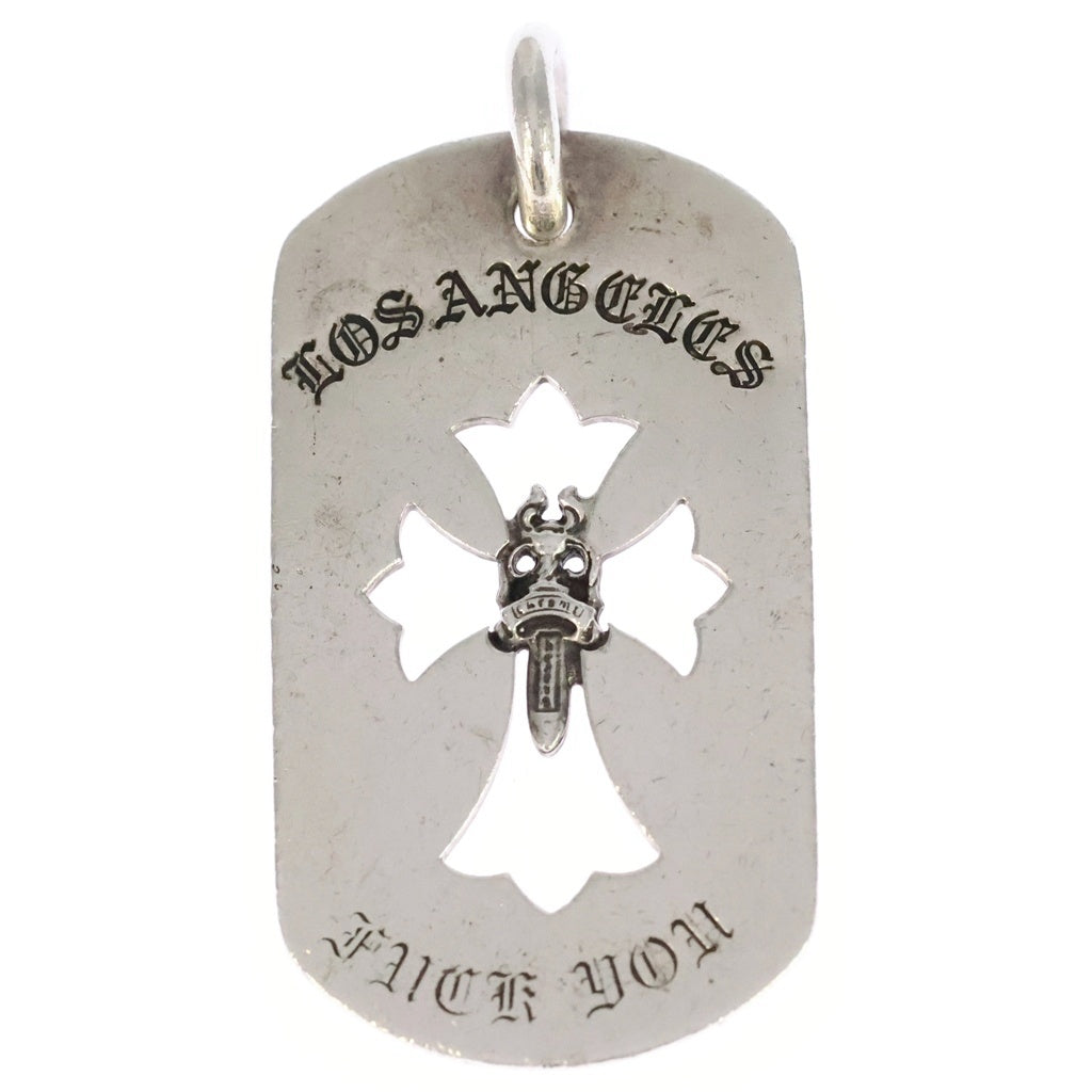 CHROME HEARTS(クロムハーツ) D TAG LRG CROSS DAGG LA FUCK YOU LA限定カットアウトクロスダガー ラージドッグタグ チャーム ペンダントトップ シルバー
