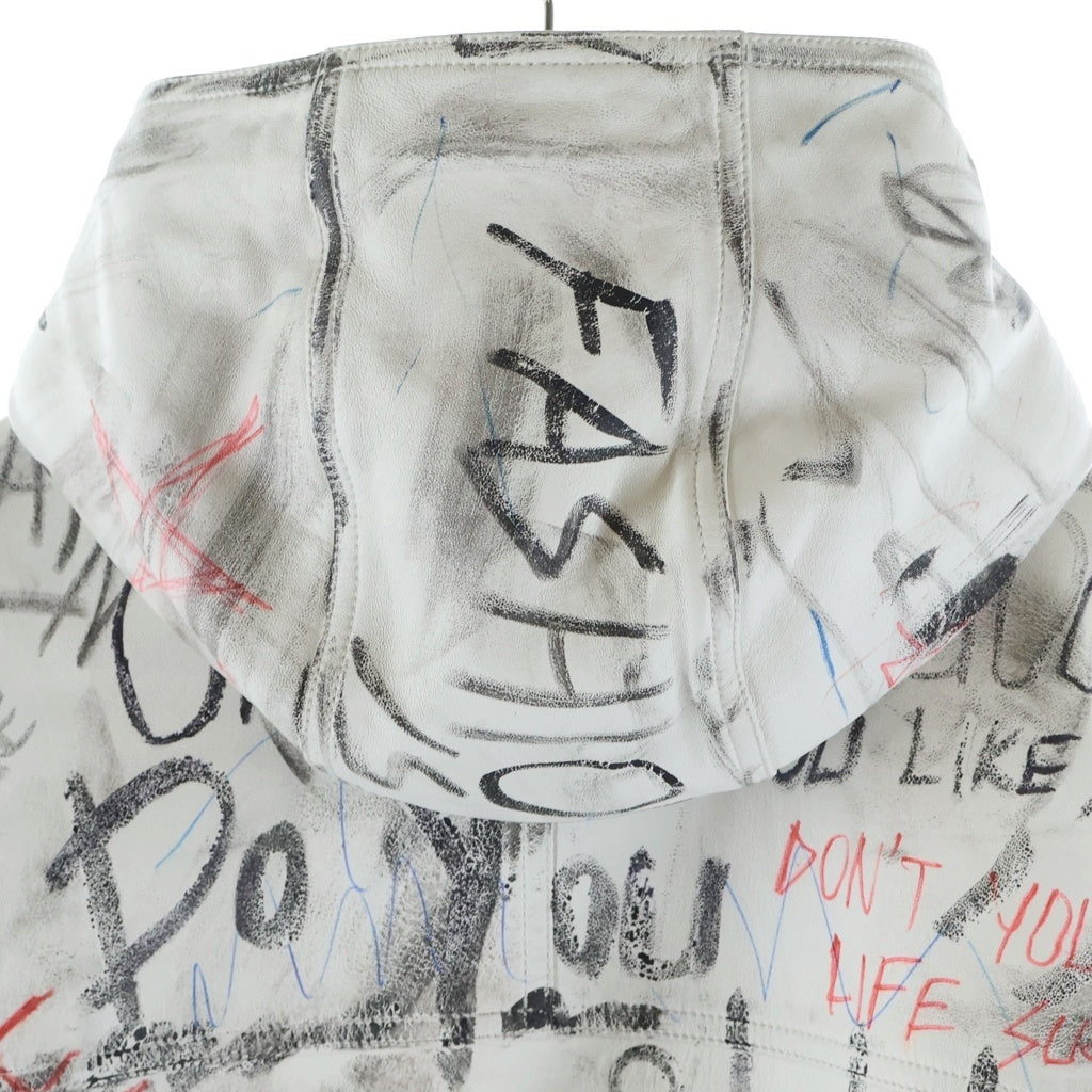 BALMAIN(バルマン) グラフィックプリント レザーフーデットジャケット ホワイト TH240LB67