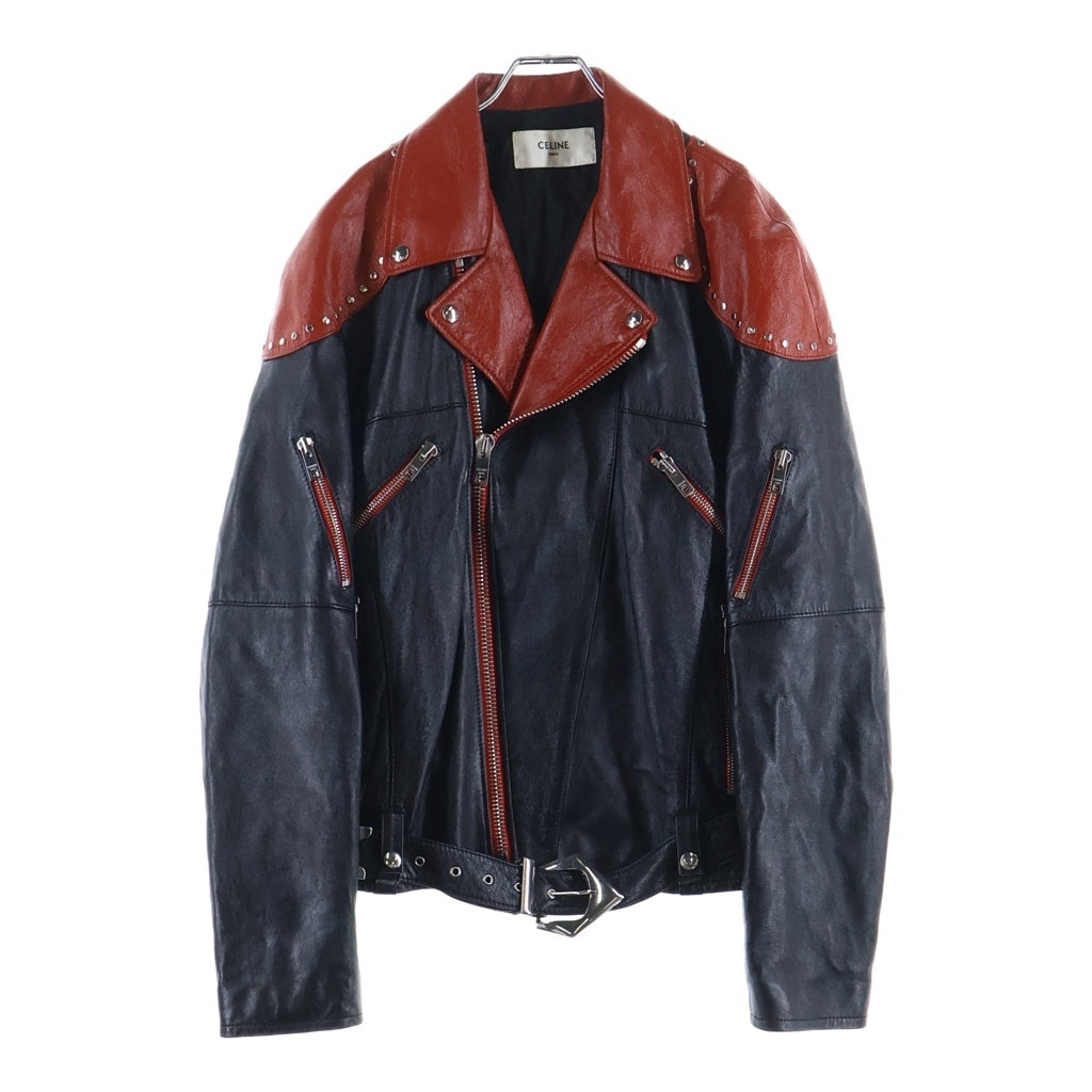 CELINE(セリーヌ) Loose Fit Studded Biker Jacket Soft Lambskin ルーズフィットスタッズバイカージャケット ソフトラムスキン 2ED37280D ブラック/レッド