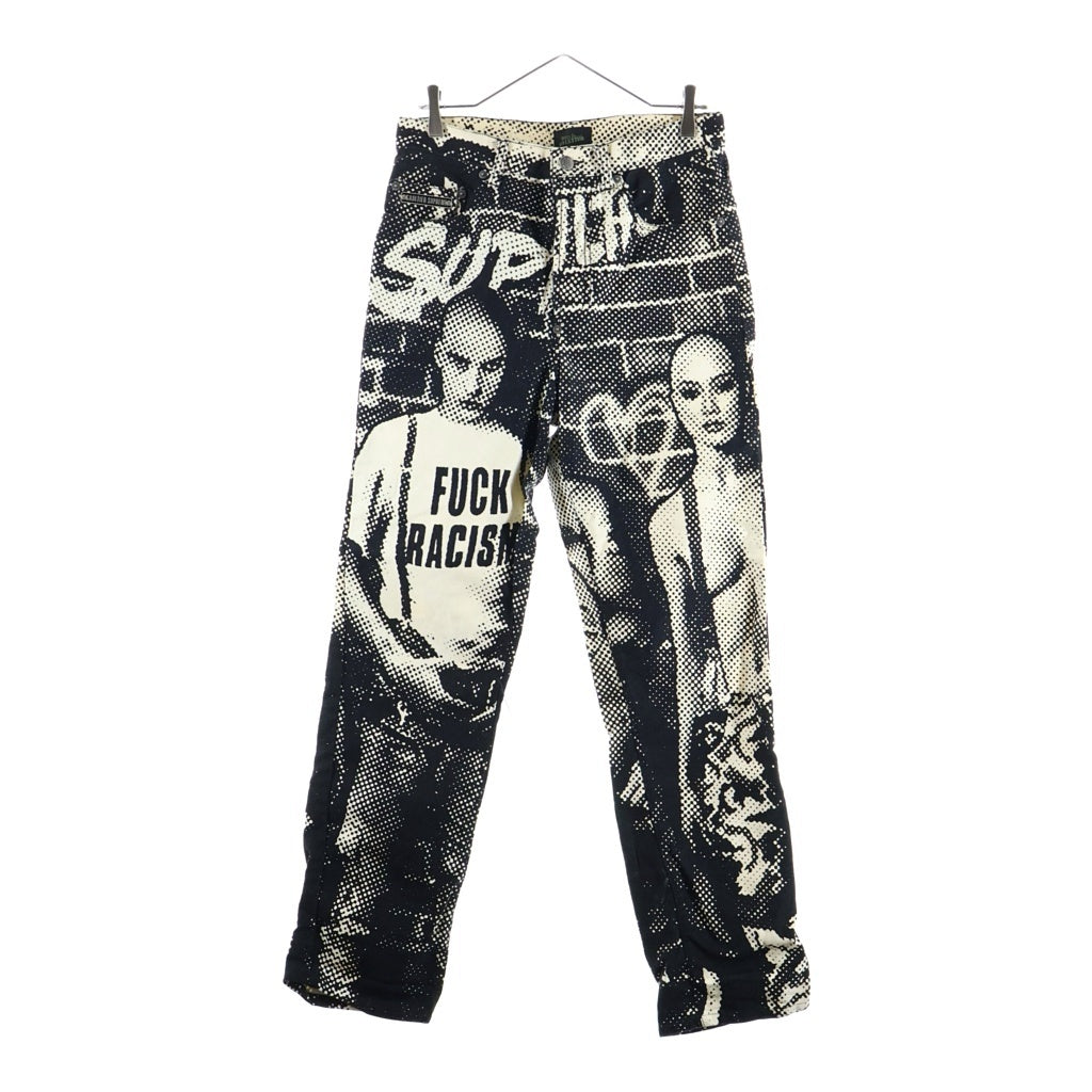 SUPREME(シュプリーム) 19SS ×Jean Paul Gaultier Fuck Racism ジョンポールゴルチエ プリントデザイン ストレートデニムパンツ ホワイト/ブラック