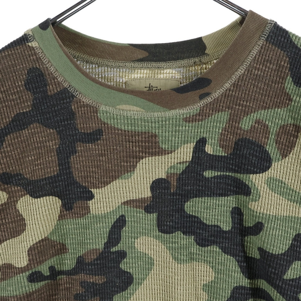STUSSY(ステューシー) DYED SS THERMAL CAMO カモ柄ワッフルニットTシャツ 迷彩カットソー グリーン/ブラウン 1140368