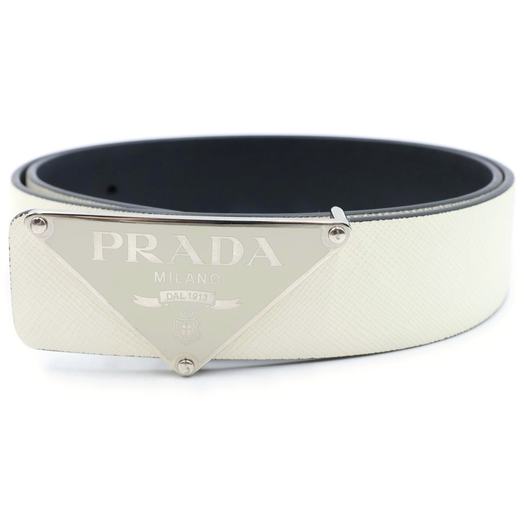PRADA(プラダ) プレートロゴバックル サフィアーノ レザーベルト ホワイト レディース