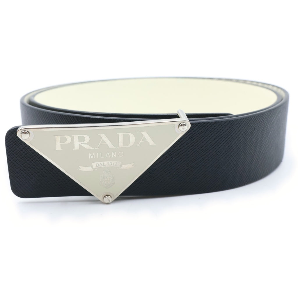 PRADA(プラダ) プレートロゴバックル サフィアーノ レザーベルト ホワイト レディース