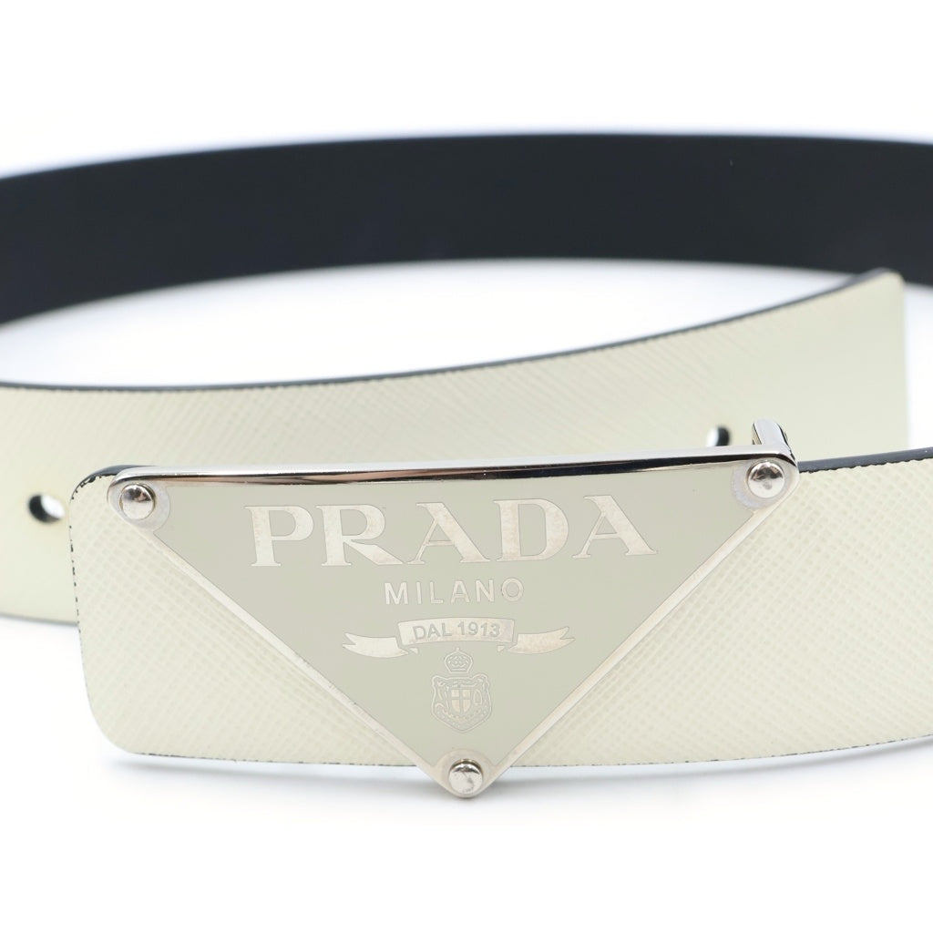 PRADA(プラダ) プレートロゴバックル サフィアーノ レザーベルト ホワイト レディース