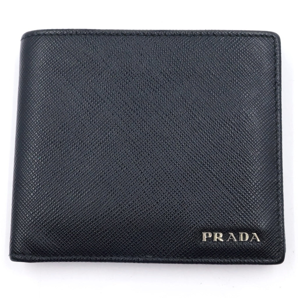 PRADA(プラダ) 二つ折り財布 三角プレート レザーコンパクトウォレット ブラック レディース