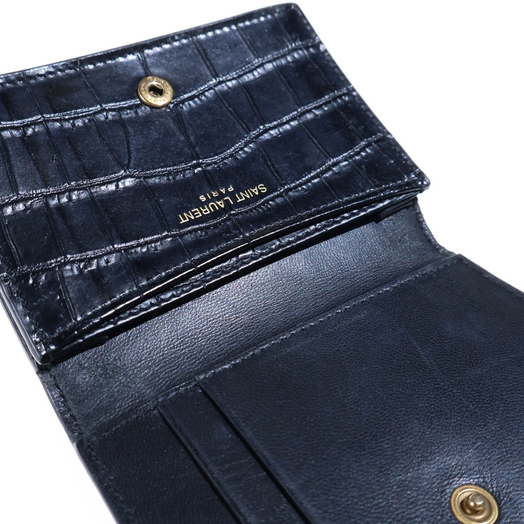 SAINT LAURENT PARIS(サンローランパリ) クロコエンボスレザー カードケース 名刺入れ ブラック レディース