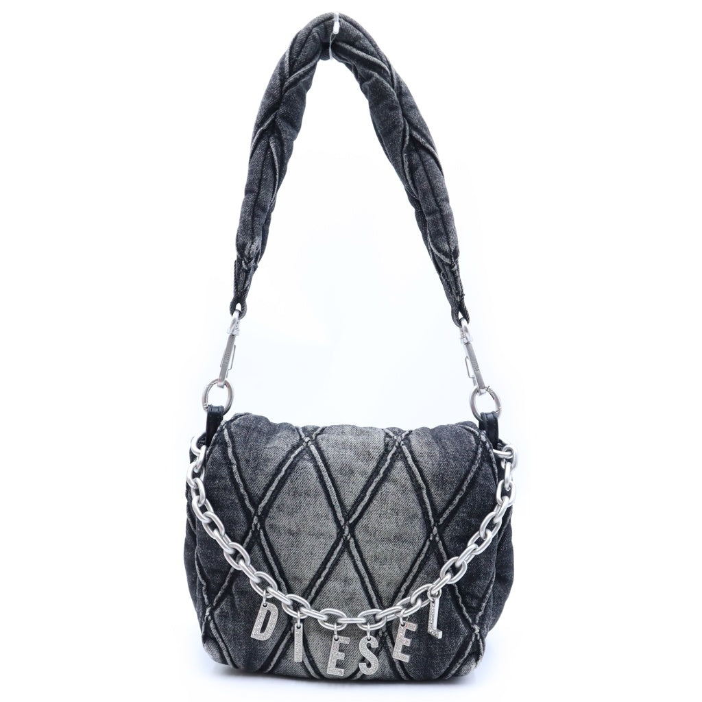 DIESEL(ディーゼル) ラインストーンロゴ キルティング デニムチェーンショルダーバッグ ブラック レディース