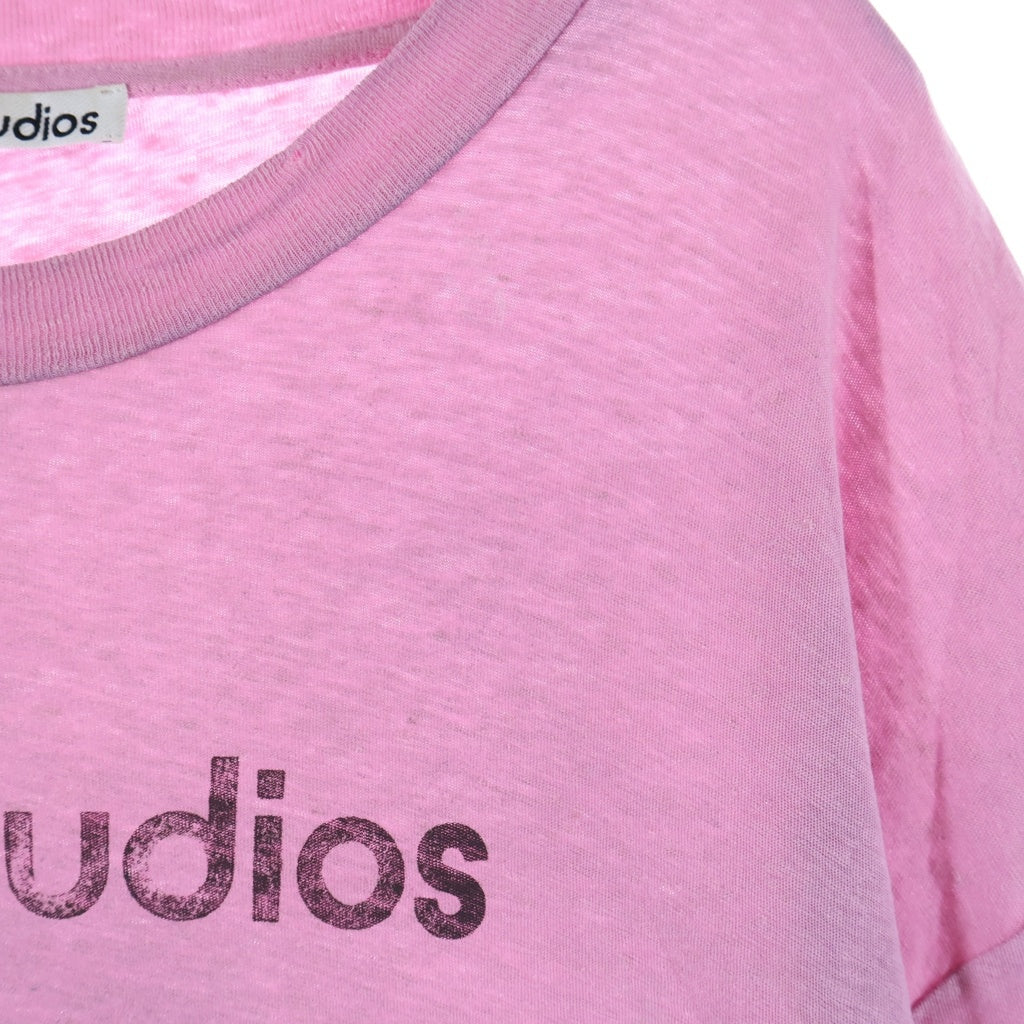Acne Studios(アクネ ストゥディオズ) 25SS 汚れダメージ加工ロゴ クルーネック半袖カットソーTシャツ ピンク FN-UX-TSHI000013