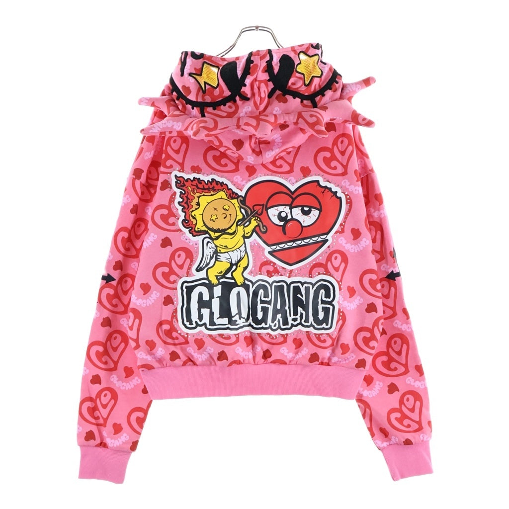 NO BRAND(ノーブランド) GANG I HEART GLO HOODIE グロギャング グラフィックロゴエンブロイダリー フルジップフーディー ピンク