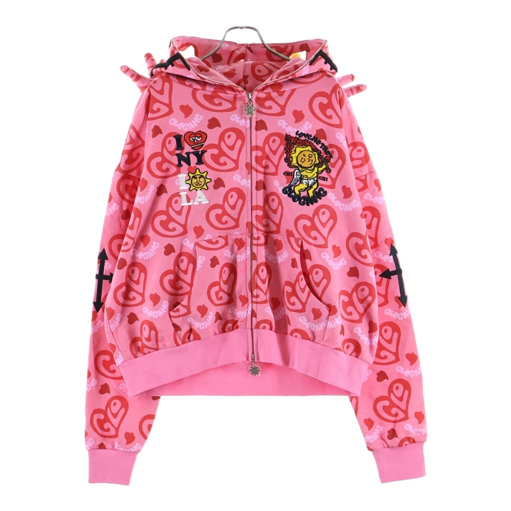 NO BRAND(ノーブランド) GANG I HEART GLO HOODIE グロギャング グラフィックロゴエンブロイダリー フルジップフーディー ピンク