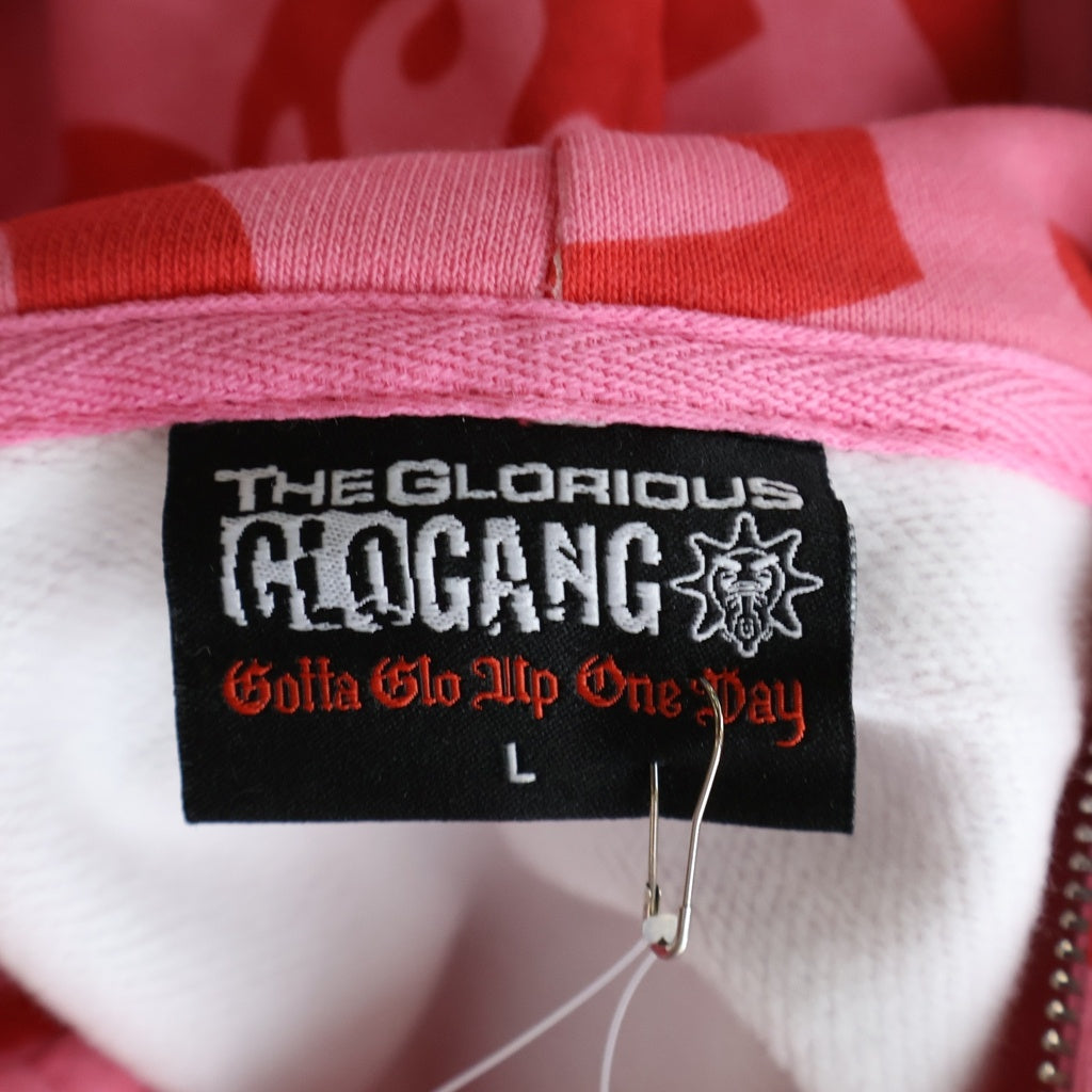 NO BRAND(ノーブランド) GANG I HEART GLO HOODIE グロギャング グラフィックロゴエンブロイダリー フルジップフーディー ピンク