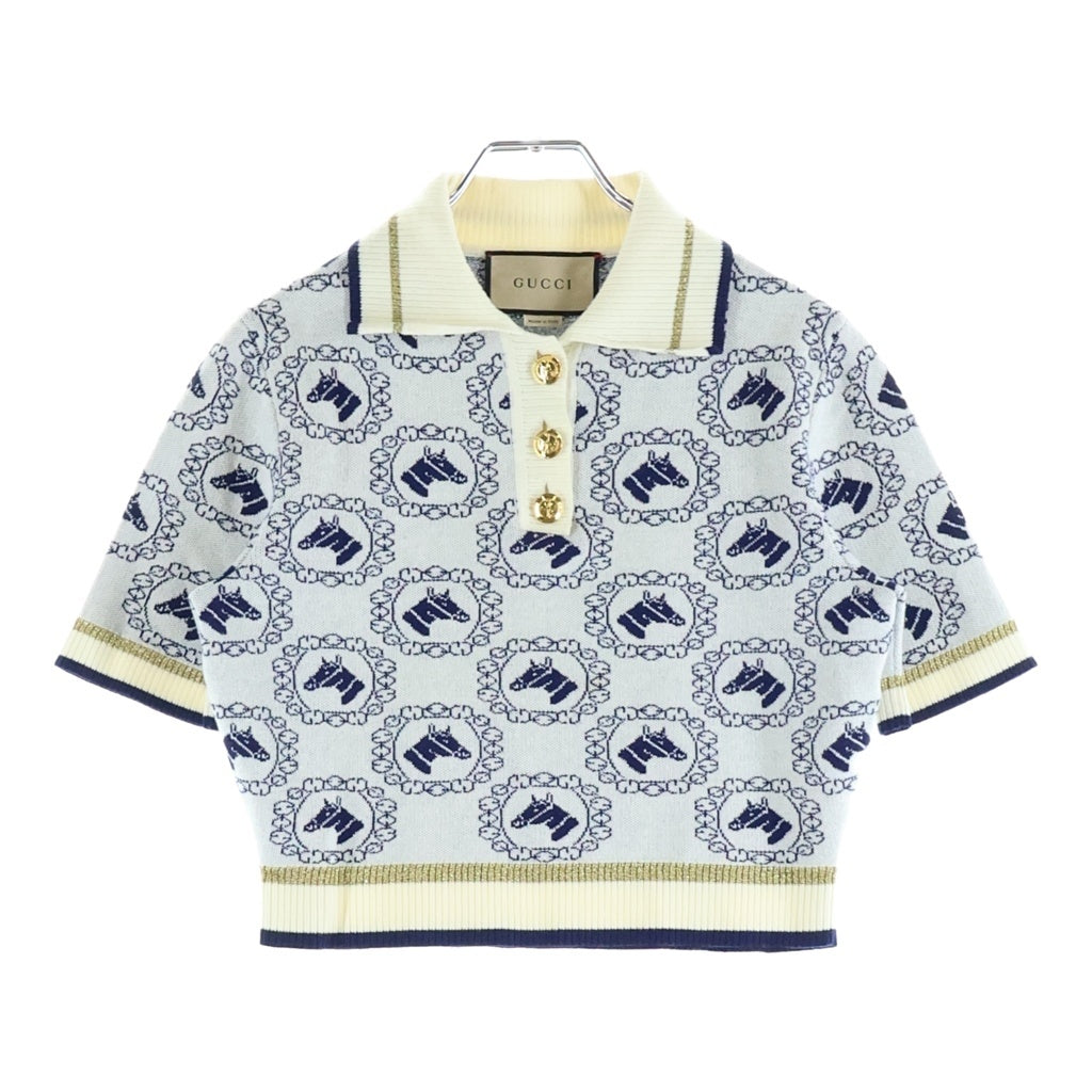 GUCCI(グッチ) ホースモチーフ総柄 ボタンアップ半袖ポロシャツ ブルー/ホワイト レディース 743328 XKC42