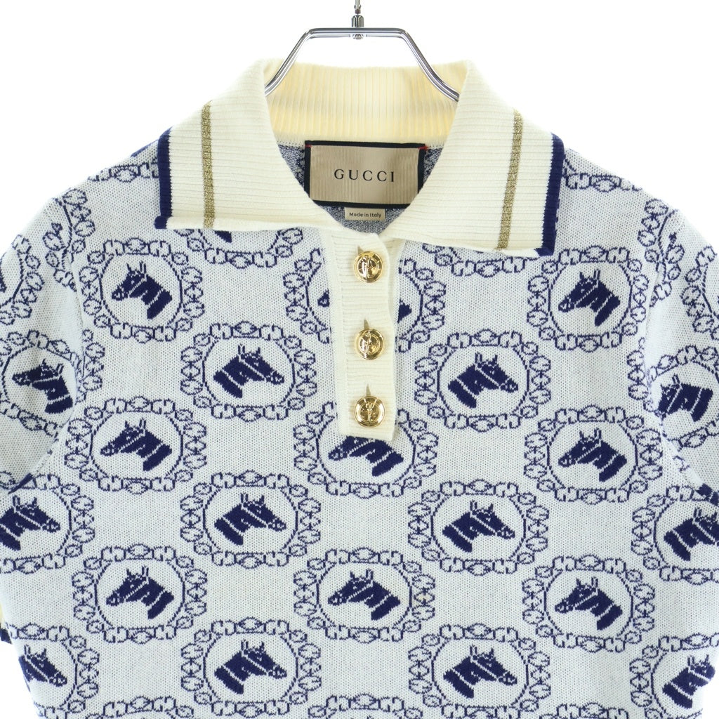 GUCCI(グッチ) ホースモチーフ総柄 ボタンアップ半袖ポロシャツ ブルー/ホワイト レディース 743328 XKC42