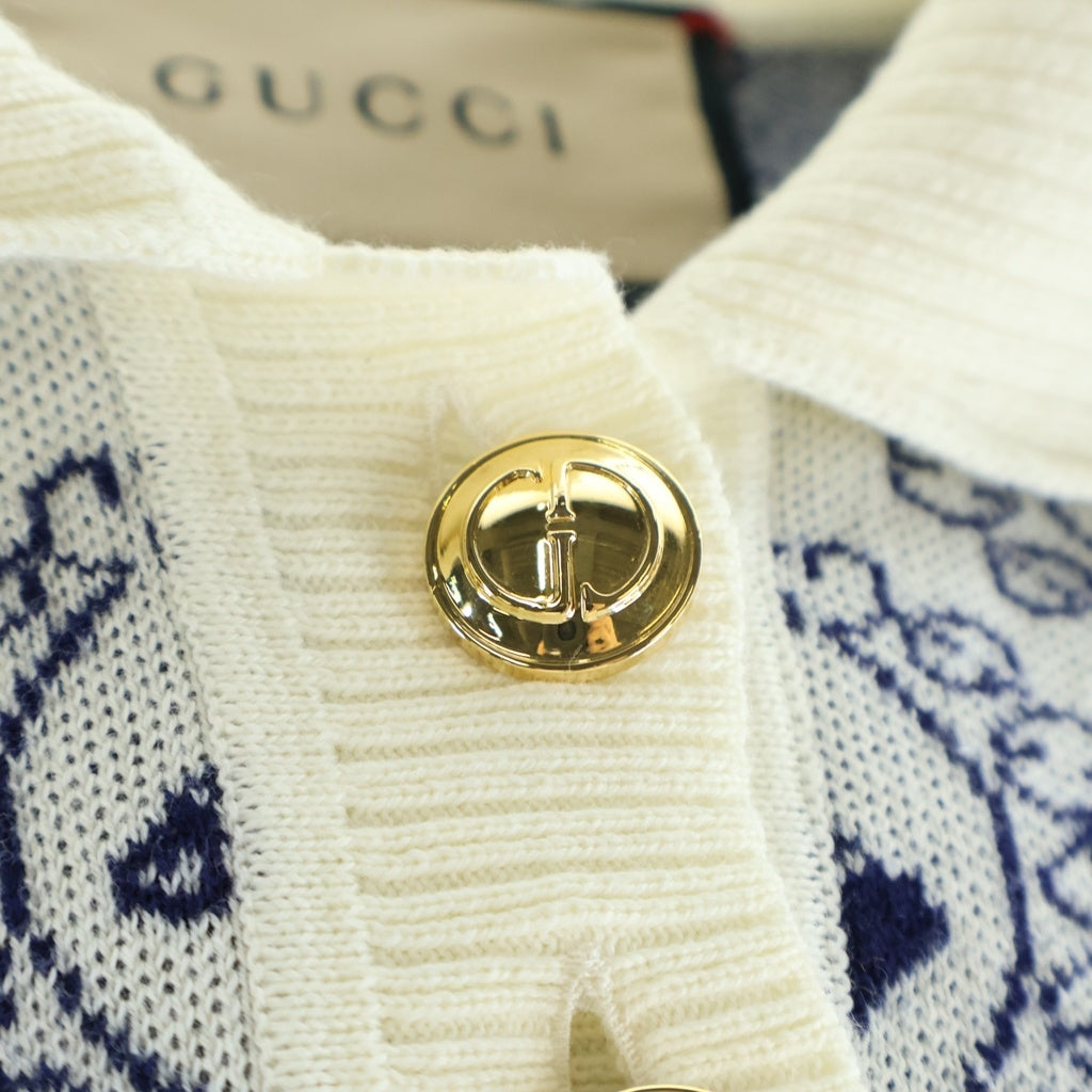 GUCCI(グッチ) ホースモチーフ総柄 ボタンアップ半袖ポロシャツ ブルー/ホワイト レディース 743328 XKC42