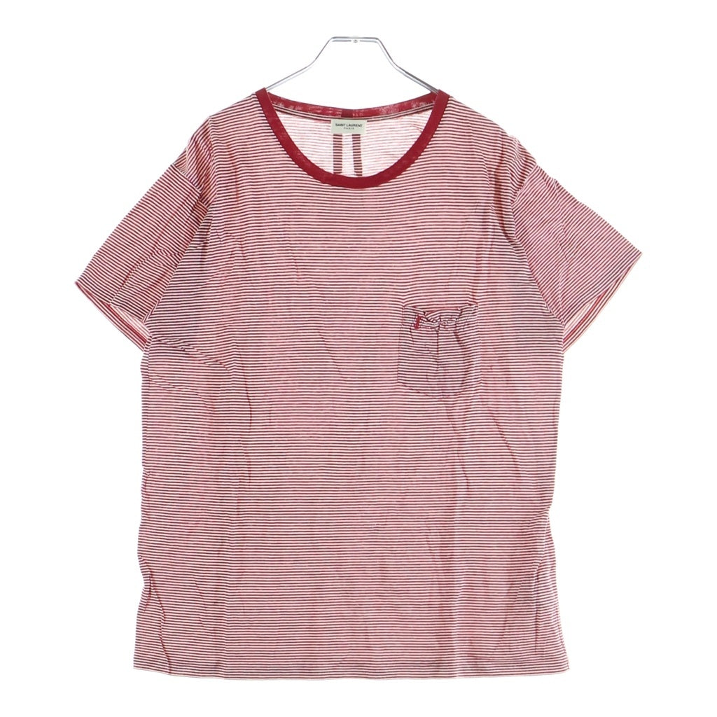 SAINT LAURENT PARIS(サンローランパリ) カサンドラ刺繍 クルーネック半袖ボーダーTシャツ レッド/ホワイト 331324 Y2BB1