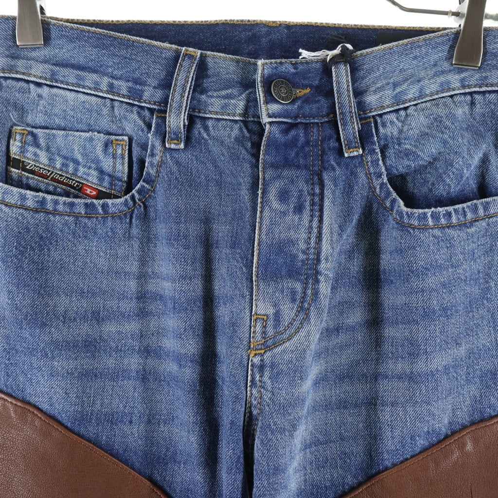 DIESEL(ディーゼル) D-VIKER-SP1 レザー切り替え ストレートデニムパンツ インディゴ/ブラウン