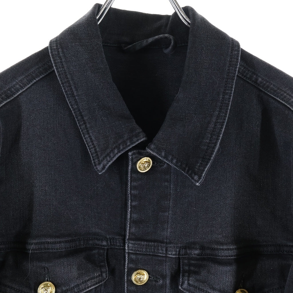 VERSACE(ヴェルサーチ) レザーロゴパッチ ボタンアップ デニムジャケット ブラック 1011834