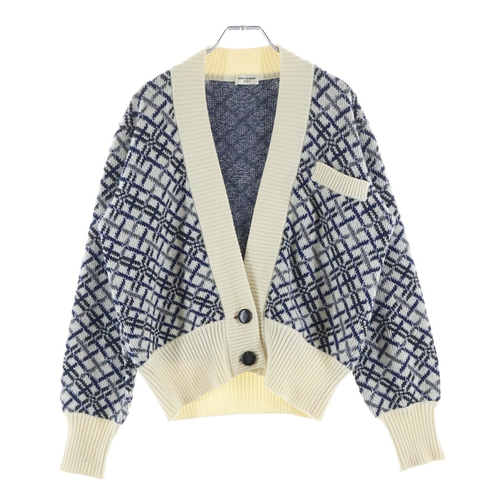 SAINT LAURENT PARIS(サンローランパリ) 21AW ウールジャガード ボタンアップ ニットカーディガン ホワイト/ブルー レディース 673743 Y75GN