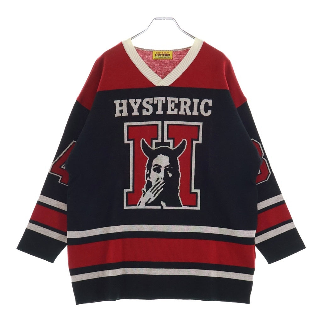 HYSTERIC GLAMOUR(ヒステリックグラマー) フロントロゴ刺繍 クルーネックニットセーター ブラック/レッド 01253NS03