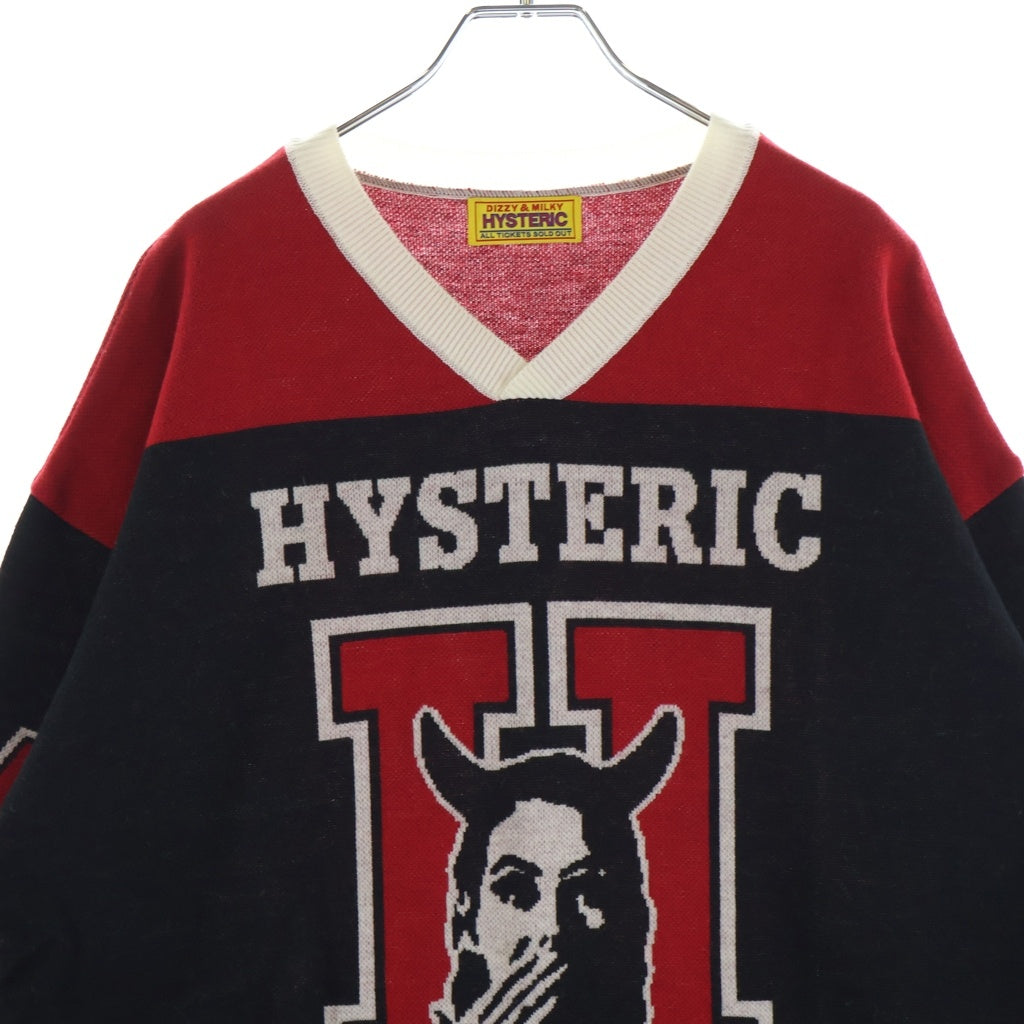 HYSTERIC GLAMOUR(ヒステリックグラマー) フロントロゴ刺繍 クルーネックニットセーター ブラック/レッド 01253NS03