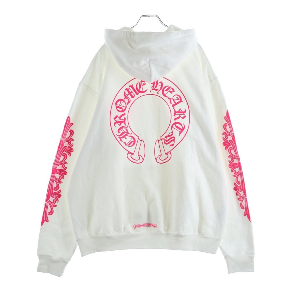 CHROME HEARTS(クロムハーツ) FLRL CROSS HOSESHOE PULLOVER HOODIE 袖フローラル バックホースシュー プルオーバースウェットパーカー ホワイト/ピンク