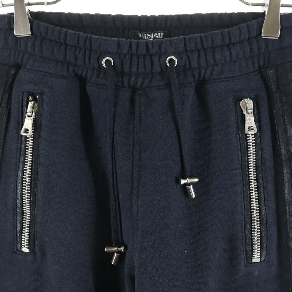 BALMAIN(バルマン) スウェットバイカーパンツ レザー切り替えジョガーパンツ ブラック S6HJ510D143C