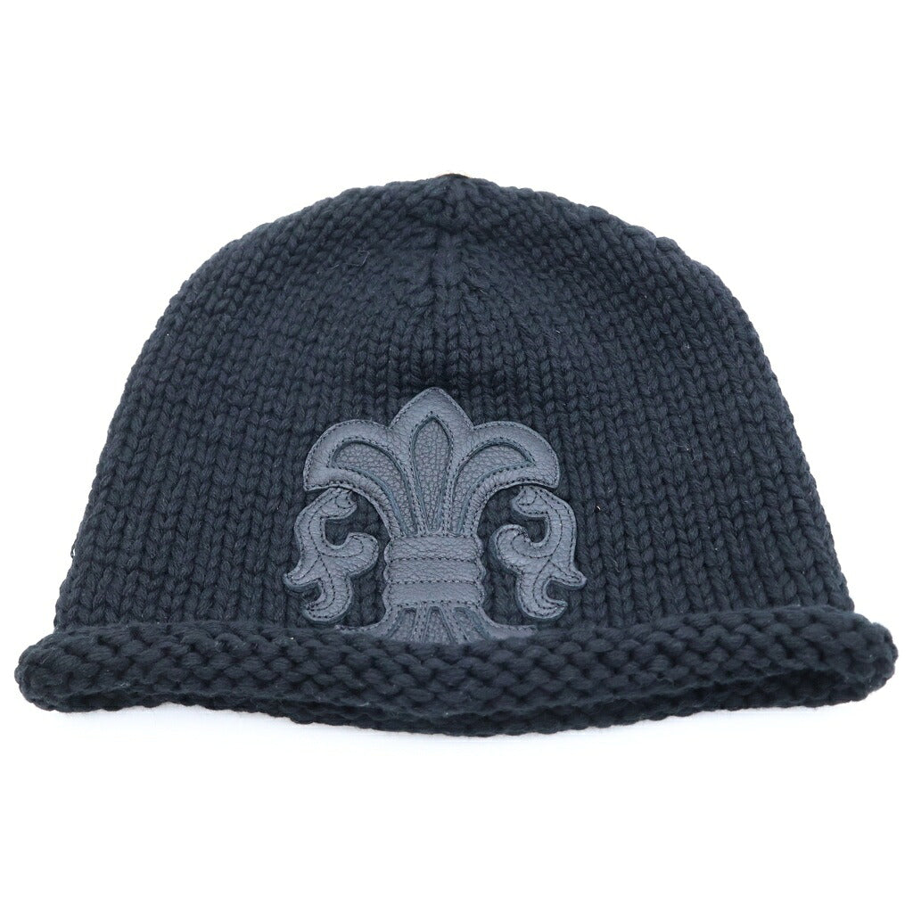 CHROME HEARTS(クロムハーツ) BS FLARE LEATHER PATCH BSフレア レザーパッチ付き クロスボール ビーニー ニット帽 ブラック