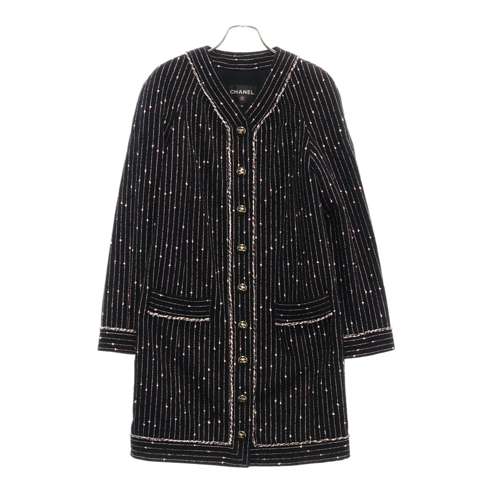 CHANEL(シャネル) ココマークボタン ストライプ ノーカラーツイードジャケット レディース ブラック/ピンク NM434