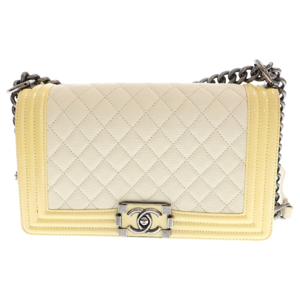 CHANEL(シャネル) ボーイシャネル ココマーク パテント切替 キャビアスキン チェーンショルダーバッグ ホワイト
