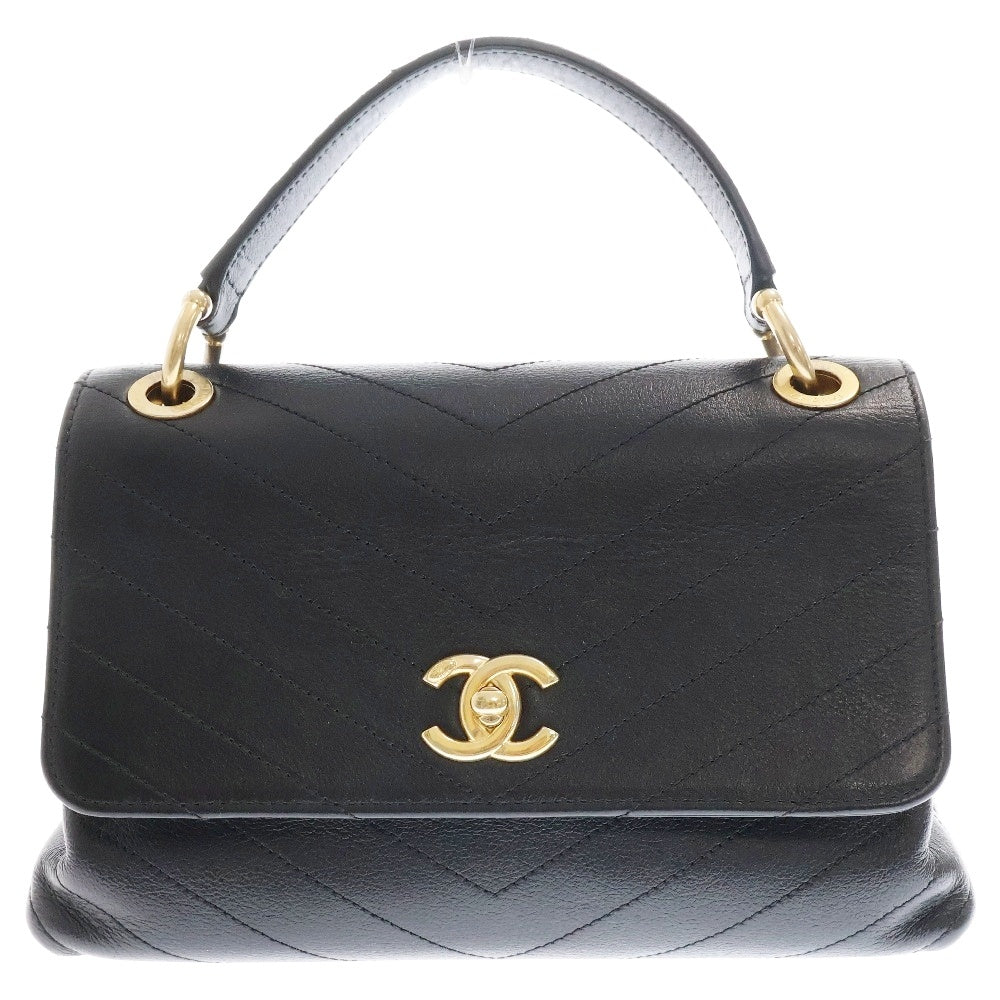 CHANEL(シャネル) Vステッチ トップハンドル フィトンストラップ付き ショルダーバッグ レディース ブラック