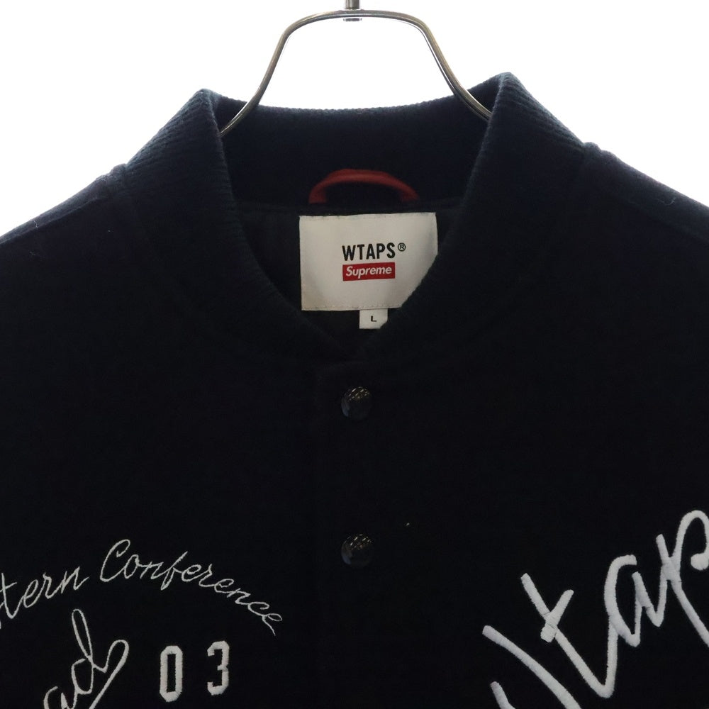 SUPREME(シュプリーム) ×WTAPS 21AW VARSITY JACKET ワッペン装飾 レザー切り替えスタジアムジャケット ブラック/レッド