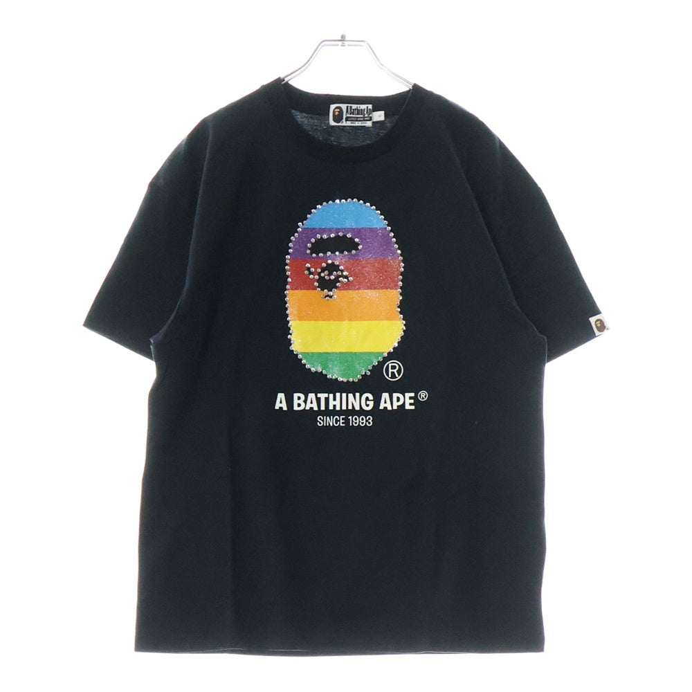 A BATHING APE(アベイシングエイプ) CRYSTAL APE HEAD OVERSIZED TEE クリスタルラメプリント クルーネック半袖Tシャツカットソー レディース ブラック 001CSL302008L