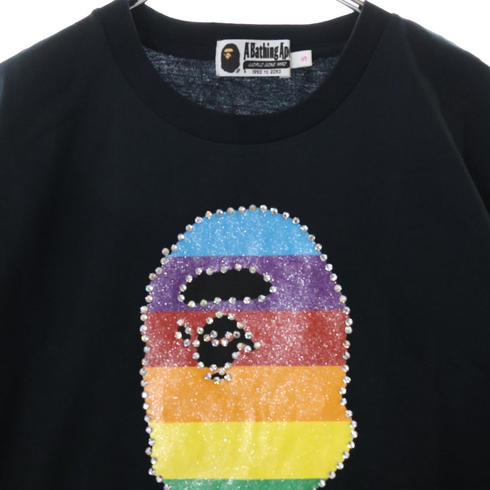A BATHING APE(アベイシングエイプ) CRYSTAL APE HEAD OVERSIZED TEE クリスタルラメプリント クルーネック半袖Tシャツカットソー レディース ブラック 001CSL302008L