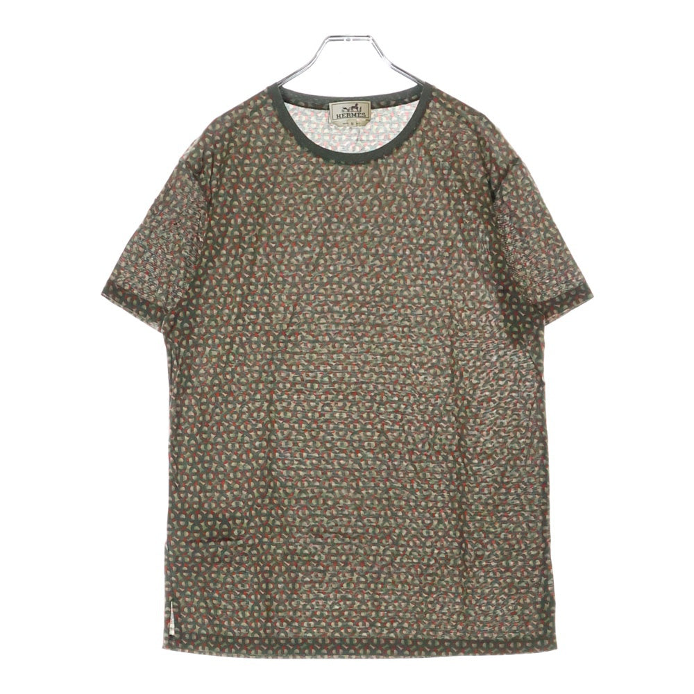 HERMES(エルメス) 総柄 クルーネック半袖Tシャツカットソー カーキ/レッド