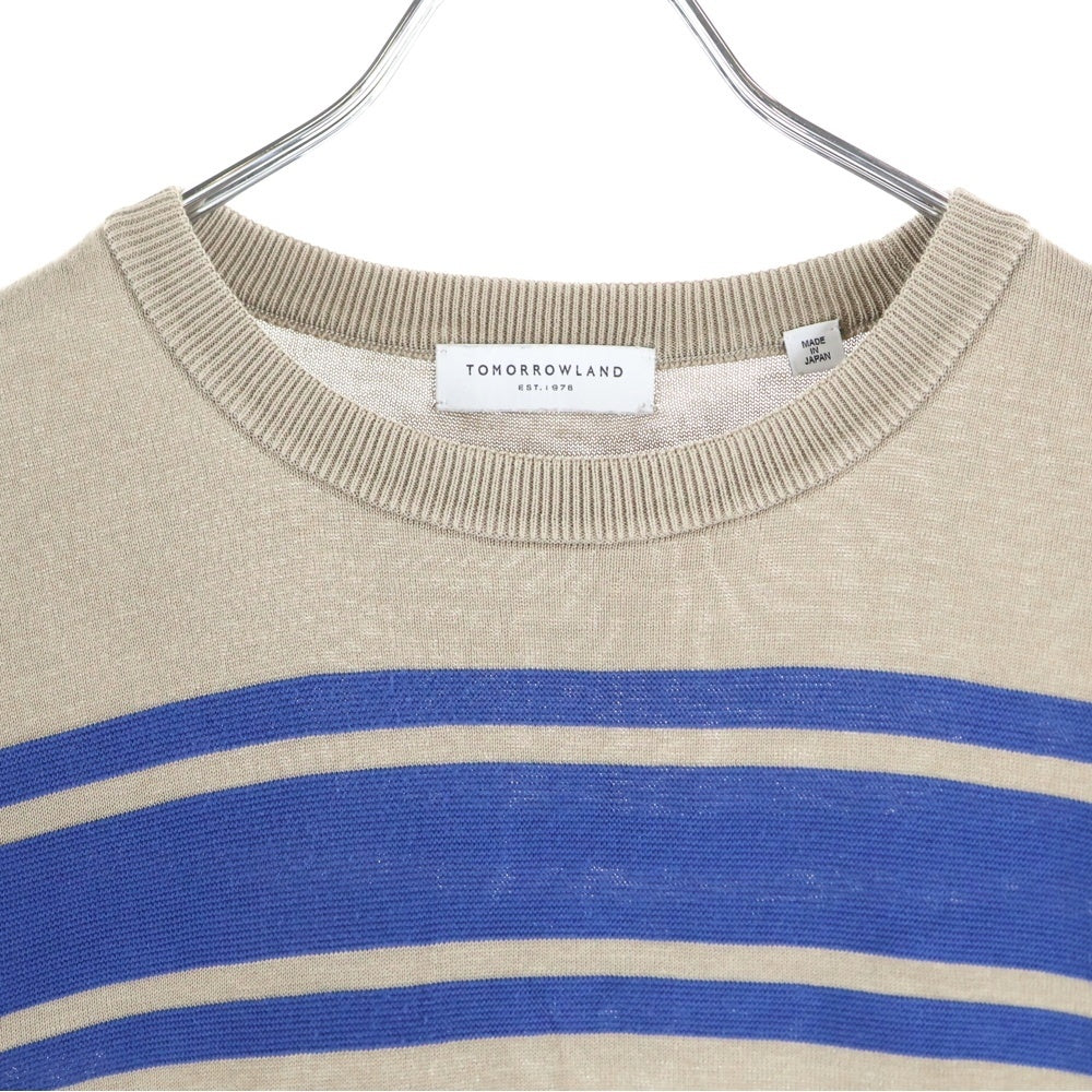 TOMORROWLAND(トゥモローランド) ボーダー柄ニット生地クルーネック半袖Tシャツカットソー ベージュ/ブルー WS107CU
